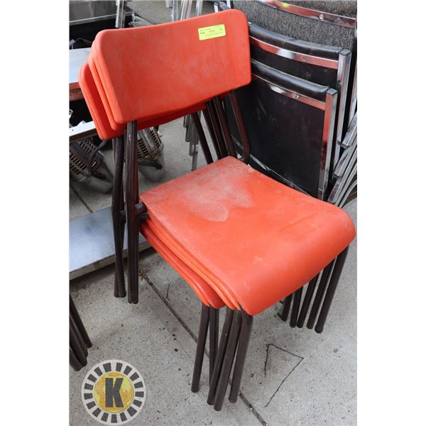 6 ORANGE PLASTIC CHAIRS. SEAT HEIGHT-  17.5"