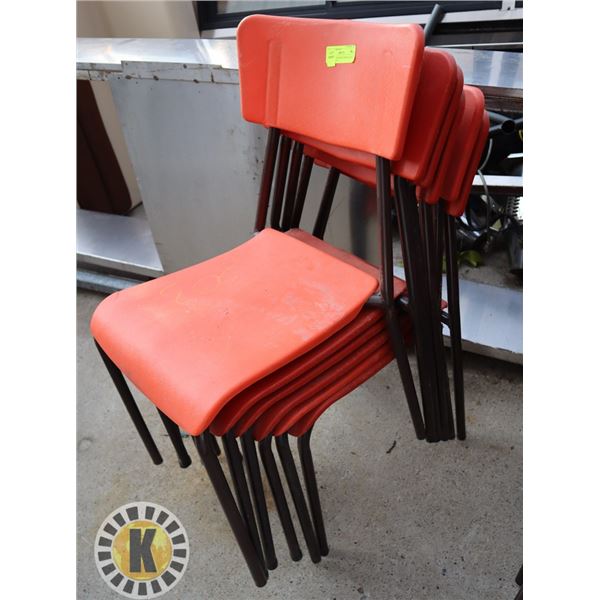 5  ORANGE PLASTIC CHAIRS. SEAT HEIGHT-  17.5"