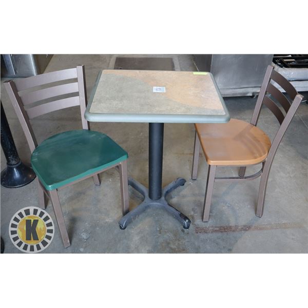 2 SHORT RESTAURANT CHAIRS AND 1 SHORT TABLE