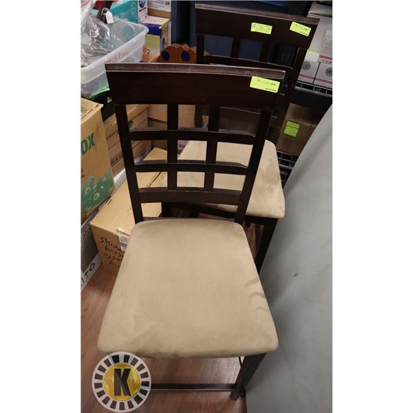 2 BROWN WOODEN CHAIRS. SEAT HEIGHT: 24"
