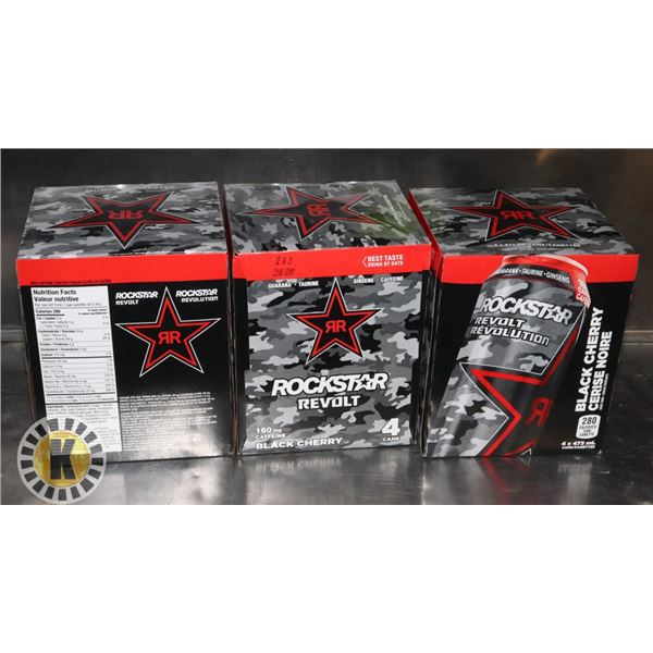 3 CASE OF 4 ROCKSTAR REVOLT BLACK CHERRY ENERGY