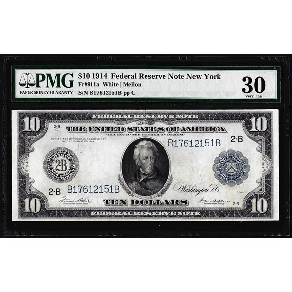 1914 $10 Federal Reserve Note New York Fr.911a PMG Very Fine 30