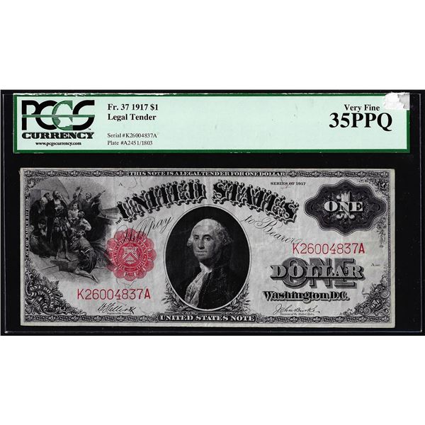 1917 $1 Legal Tender Note Fr.37 PCGS Very Fine 35PPQ