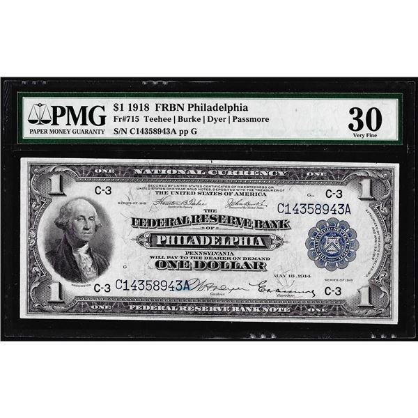 1918 $1 Federal Reserve Bank Note Philadelphia Fr.715 PMG Very Fine 30