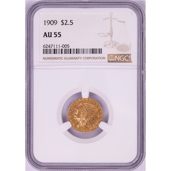 1909 $2 1/2 Indian Head Quarter Eagle Gold Coin NGC AU55