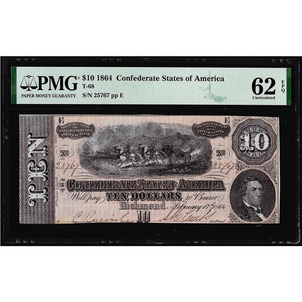 1864 $10 Confederate States of America Note T-68 PMG Uncirculated 62EPQ