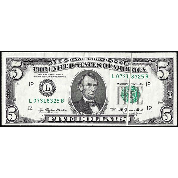 1977 $5 Federal Reserve Gutter fold Error Note San Francisco