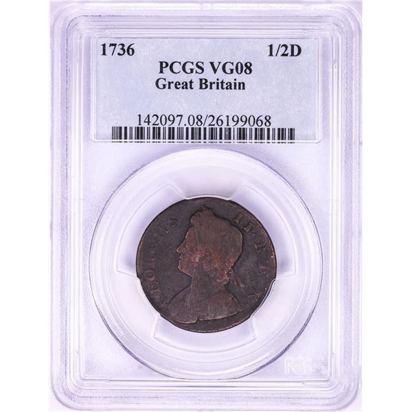1736 Great Britain 1/2 Penny Coin PCGS VG08
