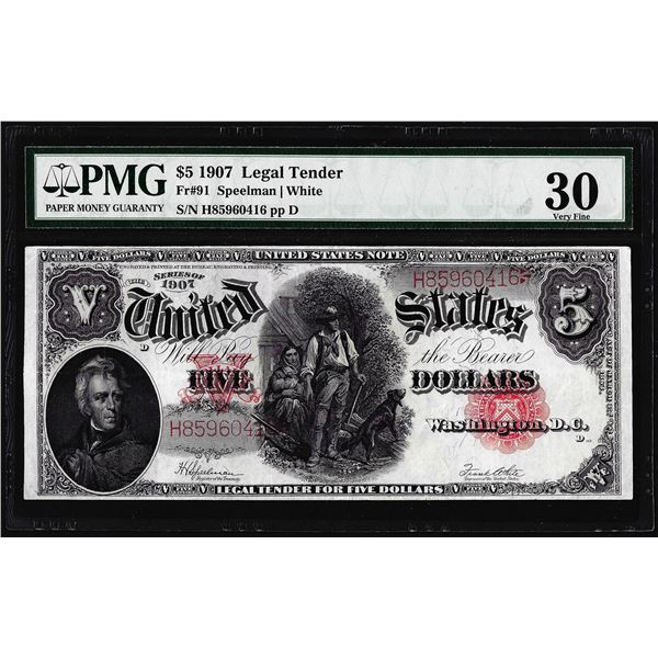 1907 $5 Woodchopper Legal Tender Note Fr.91 PMG Very Fine 30