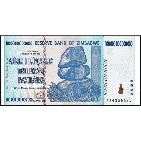 2008 Reserve Bank of Zimbabwe One Hundred Trillion Dollar Note
