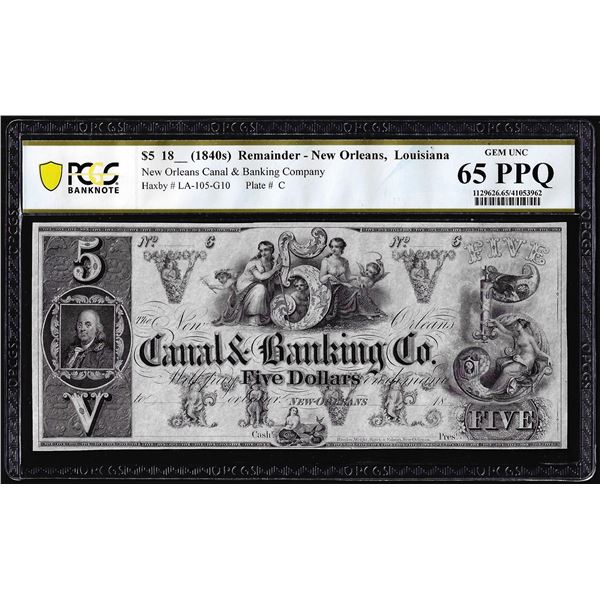 1800s $5 Canal & Banking Co. New Orleans Obsolete Note PCGS Gem 65PPQ