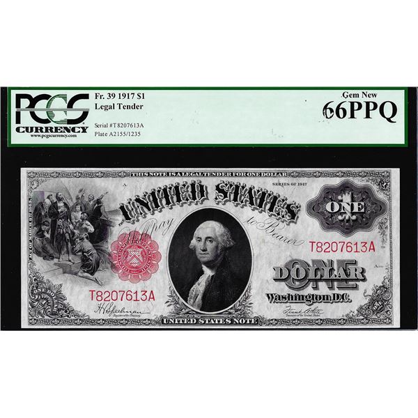 1917 $1 Legal Tender Note Fr.39 PCGS Gem New 66PPQ