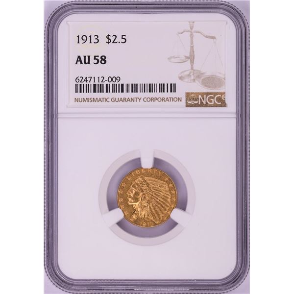 1913 $2 1/2 Indian Head Quarter Eagle Gold Coin NGC AU58