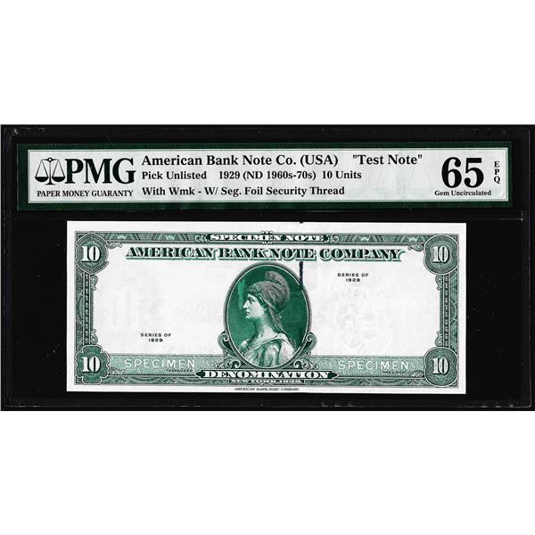1929 10 Unit American Bank Note Co. "Test Note" PMG Gem Uncirculated 65EPQ