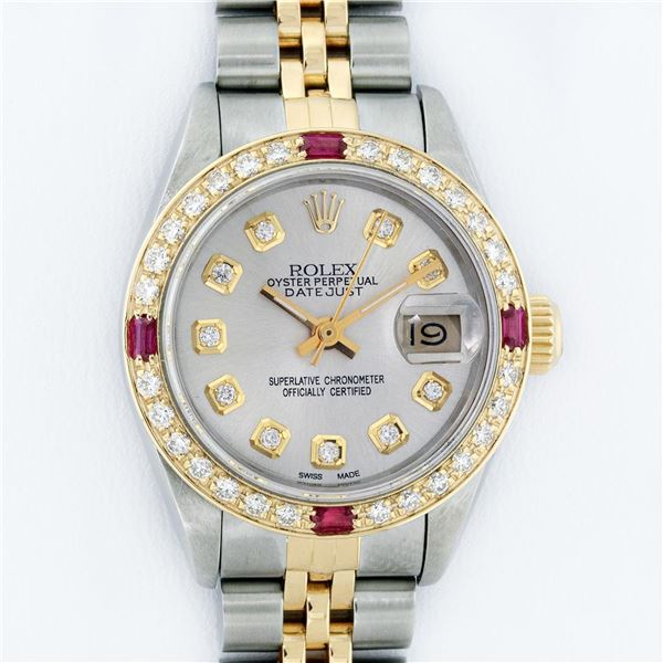 Rolex Ladies Two Tone Silver Diamond & Ruby Oyster Perpetual Datejust Wristwatch
