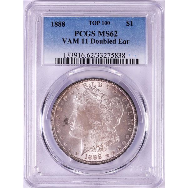 1888 Top 100 VAM-11 Doubled Ear $1 Morgan Silver Dollar Coin PCGS MS62