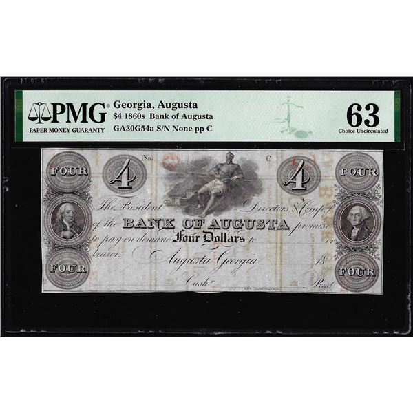 1860's $4 Bank of Augusta Georgia Obsolete Note PMG Choice Uncirculated 63