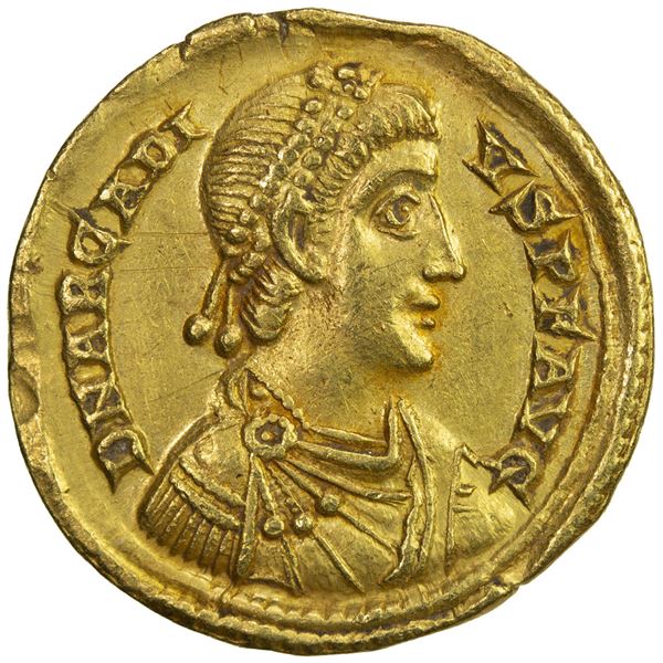 ROMAN EMPIRE: Arcadius, 383-408 AD, AV solidus (4.41g), Mediolanum (Milan). EF