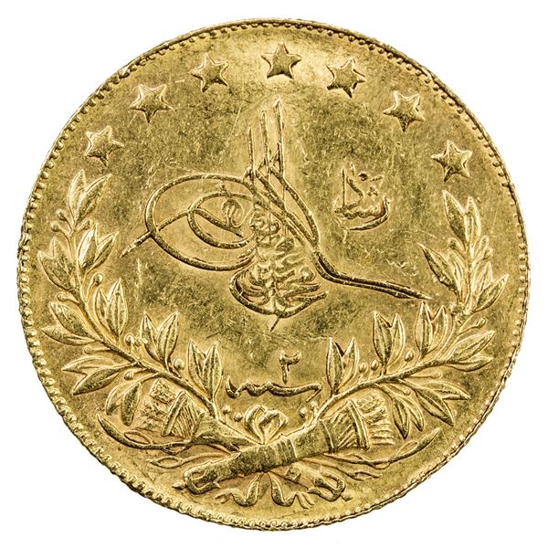 TURKEY: Mehmet V, 1909-1918, AV 100 kurush, Kostantiniye, AH1327 year 1. EF