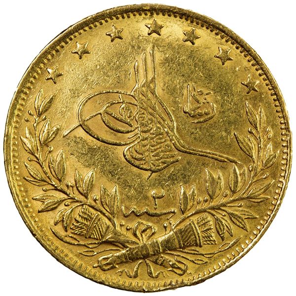 TURKEY: Mehmet V, 1909-1918, AV 100 kurush, Kostantiniye, AH1327 year 2. VF-EF