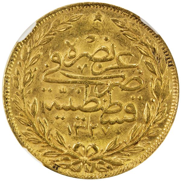 TURKEY: Mehmet V, 1909-1918, AV 100 kurush, Kostantiniye, AH1327 year 3. EF