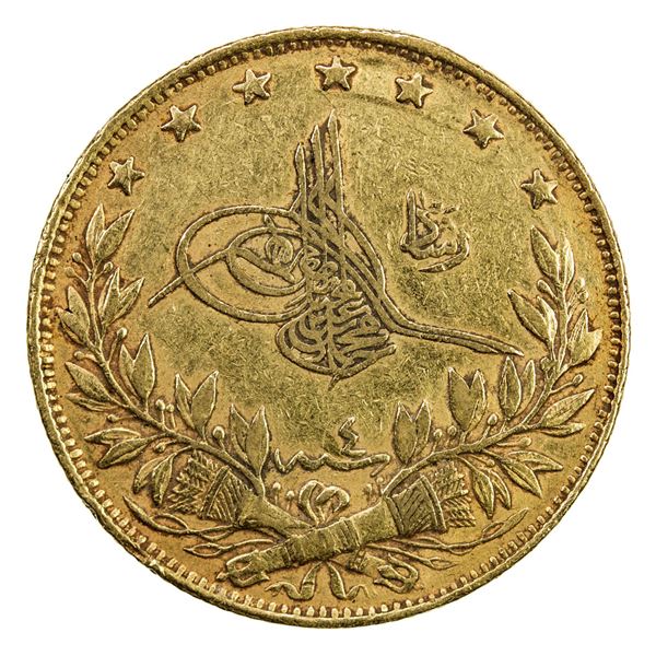 TURKEY: Mehmet V, 1909-1918, AV 100 kurush, Kostantiniye, AH1327 year 4. F