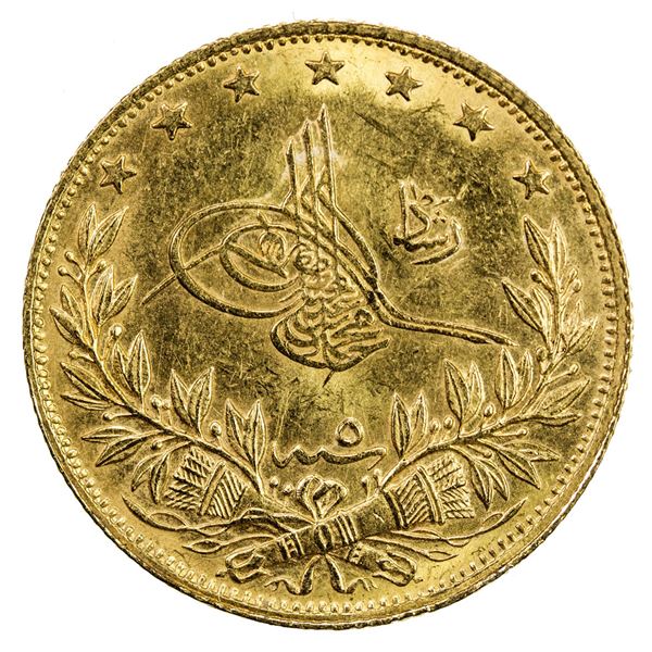 TURKEY: Mehmet V, 1909-1918, AV 100 kurush, Kostantiniye, AH1327 year 5. AU