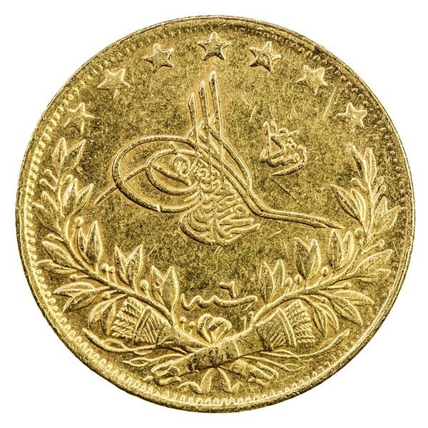TURKEY: Mehmet V, 1909-1918, AV 100 kurush, Kostantiniye, AH1327 year 6. EF