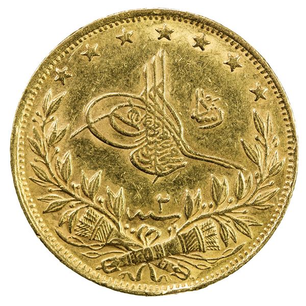 TURKEY: Mehmet V, 1909-1918, AV 100 kurush, Kostantiniye, AH1327 year 6. EF-AU