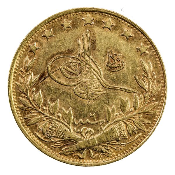 TURKEY: Mehmet V, 1909-1918, AV 100 kurush, Kostantiniye, AH1327 year 6. VF-EF