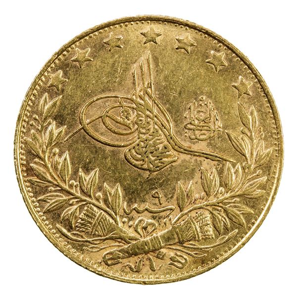 TURKEY: Mehmet V, 1909-1918, AV 100 kurush, Kostantiniye, AH1327 year 9. EF