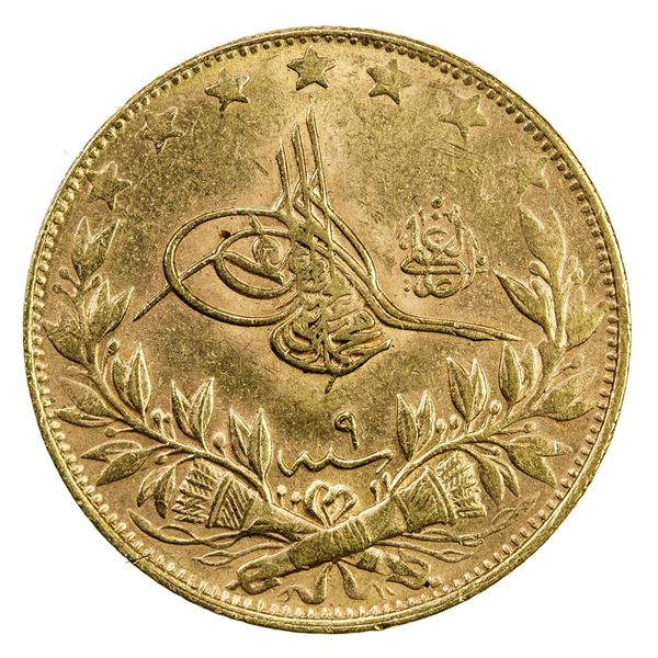 TURKEY: Mehmet V, 1909-1918, AV 100 kurush, Kostantiniye, AH1327 year 9. VF-EF