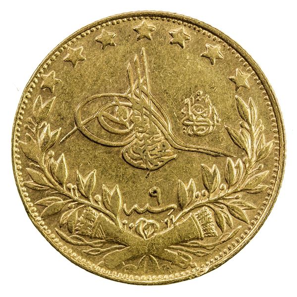 TURKEY: Mehmet V, 1909-1918, AV 100 kurush, Kostantiniye, AH1327 year 9. VF