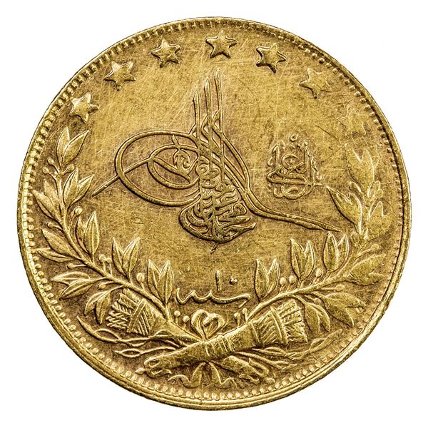 TURKEY: Mehmet V, 1909-1918, AV 100 kurush, Kostantiniye, AH1327 year 10. EF