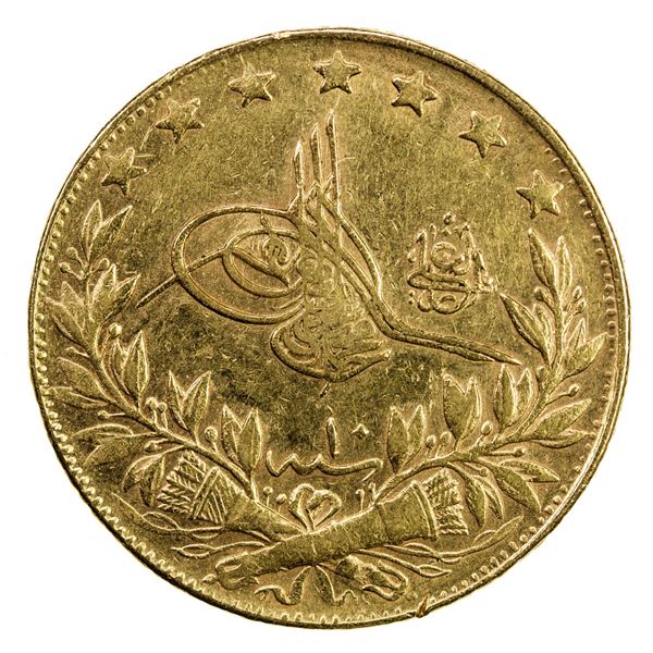 TURKEY: Mehmet V, 1909-1918, AV 100 kurush, Kostantiniye, AH1327 year 10. VF-EF