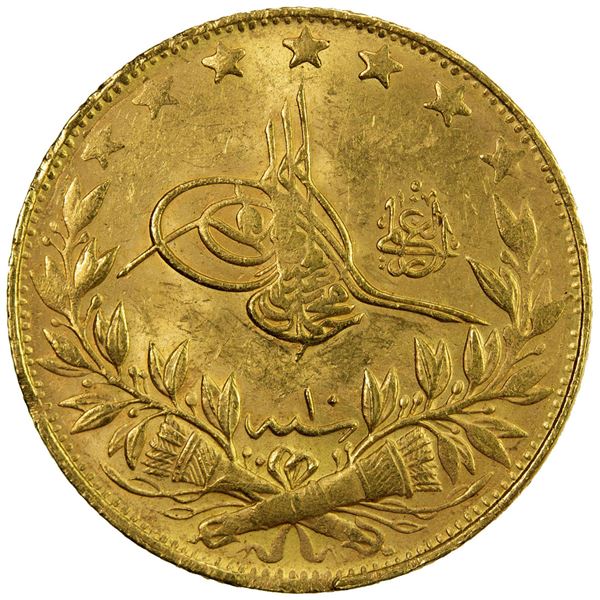 TURKEY: Mehmet V, 1909-1918, AV 100 kurush, Kostantiniye, AH1327 year 10. VF-EF