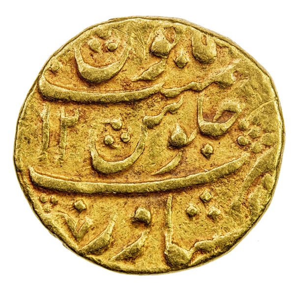 DURRANI: Taimur Shah, 1772-1793, AV mohur (10.94g), Peshawar, DM year 12. VF