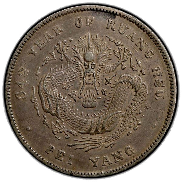 CHIHLI: Kuang Hsu, 1875-1908, AR dollar, Peiyang Arsenal mint, Tientsin, year 34 (1908). PCGS EF