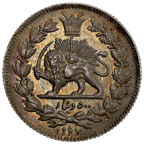 IRAN: Nasir al-Din Shah, 1848-1896, AR 500 dinars, Tehran, AH1297. AU