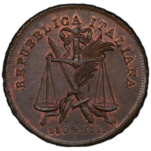 REPUBLIC OF ITALY: Napoleon, President, 1802-1805, AE ½ soldo (5 denari), Milan, 1804 year III