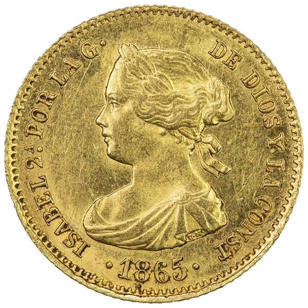 SPAIN: Isabel II, 1833-1868, AV 4 escudos, 1865. AU
