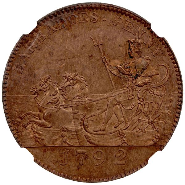 BARBADOS: George III, 1760-1820, copper penny, 1792. NGC PF