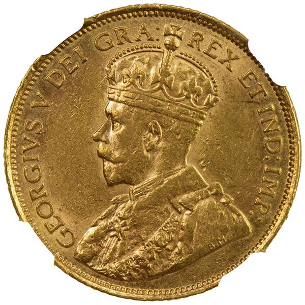 CANADA: George V, 1910-1936, AV 5 dollars, 1912. NGC AU58
