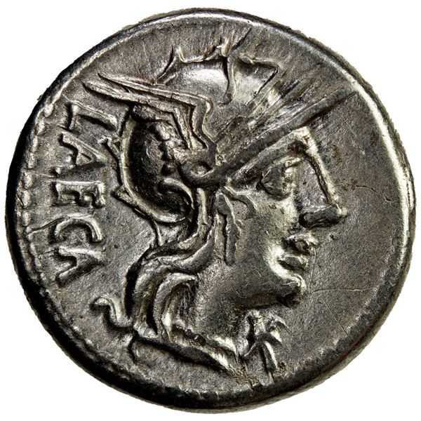 ROMAN REPUBLIC: M. Porcius Laeca, AR denarius (3.84g), Rome, 125 BC. VF