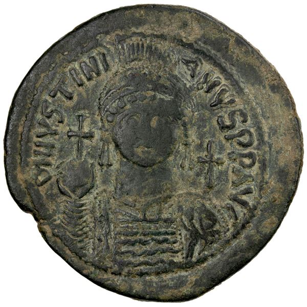 BYZANTINE EMPIRE: Justinian I, 527-565, AE follis (22.31g), Cyzicus mint, year 13 (539/40). F-VF