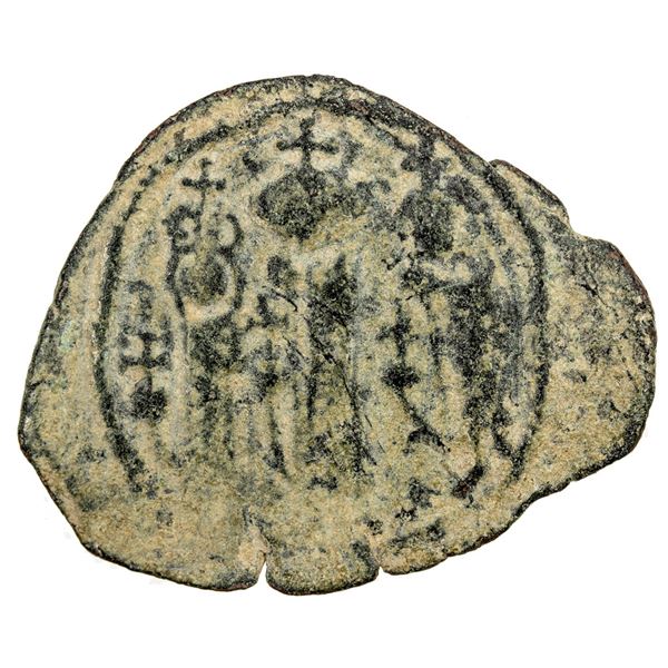 ARAB-BYZANTINE: Three Standing Figures, ca. 640s/650s, AE fals (4.34g), "Cyprus", ND. F-VF