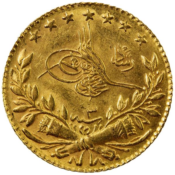 TURKEY: Mehmet V, 1909-1918, AV 25 kurush, Kostantiniye, AH1327 year 2. AU