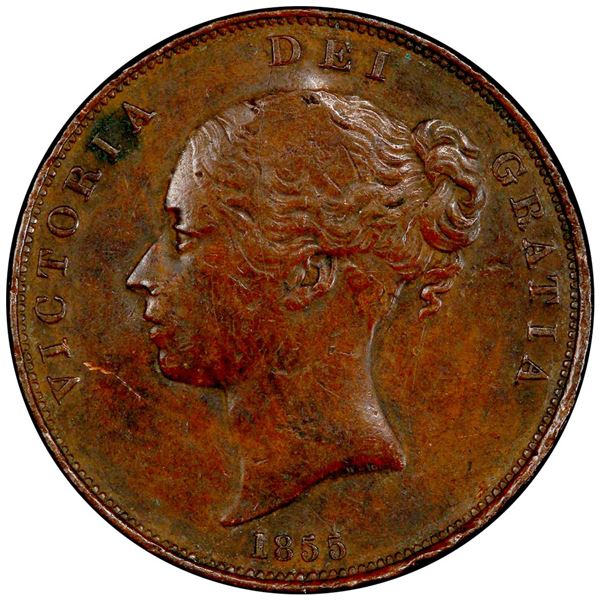 CHOPMARKED COINS: GREAT BRITAIN: Victoria, 1837-1901, AE penny, 1855. PCGS VF