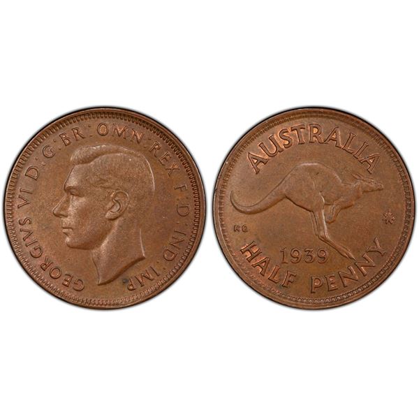 AUSTRALIA: George VI, 1936-1952, AE halfpenny, 1939. PCGS MS63