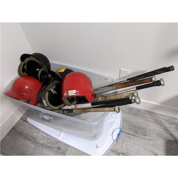 Tote bucket with lid full of used baseball bats/ helmets/ golf clubs - 6 bats/ 6 helmets/ 2 golf clu